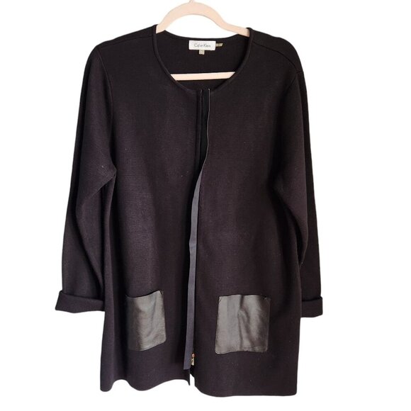Calvin Klein Sweater Black Large Longline Zip Cardigan Pleather Pockets - Picture 1 of 11